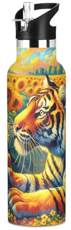 Vintage Tiger Sunflowers Water Bottles with Straw Lid Insulated Stainless Steel Water Bottle for Boys Kids 20oz Double Wall Vacuum Leak Proof Thermal Flask