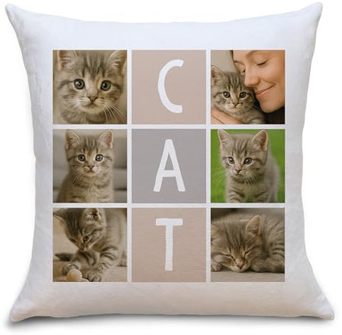 OWLBOOK® Personalisiertes Foto Kissen mit 6 Fotos Bedrucken Lassen | Geschenke für Tierliebhaber | Fotogeschenke zum Geburtstag | Fotokissen 40x40 cm optional mit Füllung | CAT | Flauschig 40x40