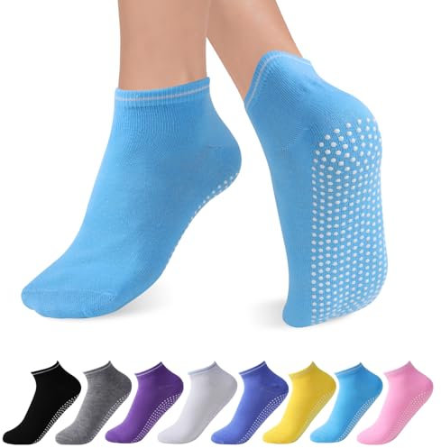 Fjquamitix 8 paia di calzini antiscivolo per yoga, pilates, da donna, con puntini in silicone antiscivolo, per bar, danza, ospedale, taglia 36-40, nero, bianco, grigio, viola, rosa, giallo, blu