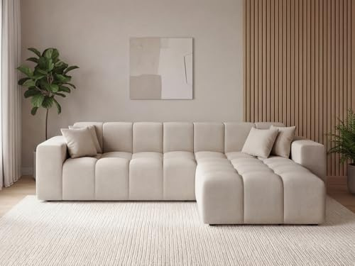 GRAINGOLD Loopo Ecksofa 265x180 cm, L-Form Sofa, Ecksofa für Wohnzimmer, Velour, 3-Sitzer Eckcouch, Modernes Design (Beige, Rechts)