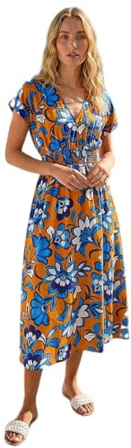 Roman Originals Shirred Waist Dress for Women UK Ladies Midi Maxi Summer Spring Tiered Frill Hem Empire Waist Short Sleeve V Neck Gathered Skirt Bohemian Holiday - Orange Floral - Size 12