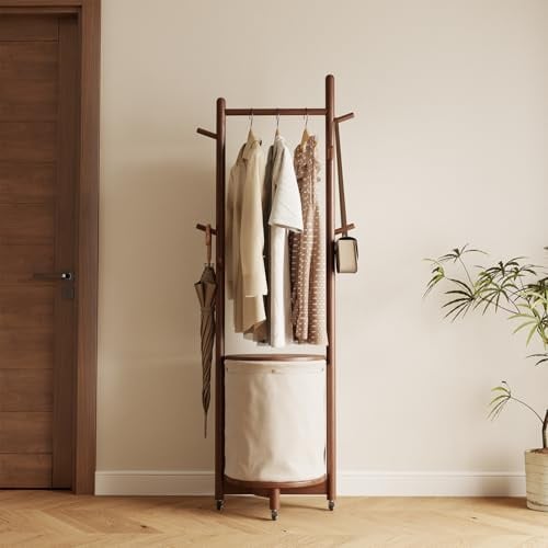 CycleCrew Solid Wood Coat Rack with Fabric Basket - Coat Hanger Stand Coat Tree Rack Freestanding with 9 Hooks Wheels, Small Clothes Rack For Entryway Bedroom Hallway Living Room