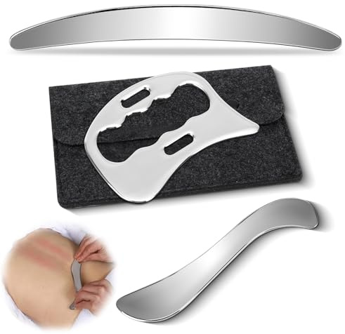 Gua Sha Edelstahl, 3 in 1 Gua Sha Schaber mit Filz-Aufbewahrungstasche, Faszien Tool zum Reiben, Lymphdrainage Massagegerät, Ganzkörper Cellulite Massage für Beine, Rücken, Gesicht, Nacken
