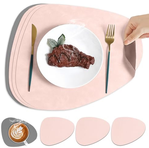 HAGOT 4PCS Tischsets Leder und Untersetzer, Tischsets Abwaschbar Doppelseitigen, rutschfest Platzdeckchen Leder, Rosa + Grau