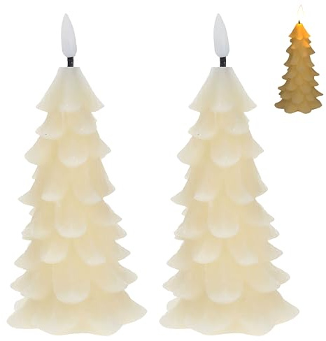 Cepewa LED Echtwachskerze Tannenbaum 2er Set | creme Wachs 7,5x16x6x7,6cm | Flackerfunktion Timerfunktion batteriebetrieben Weihnachtsbaum (1 x 2er SET LED Tannenbaum)