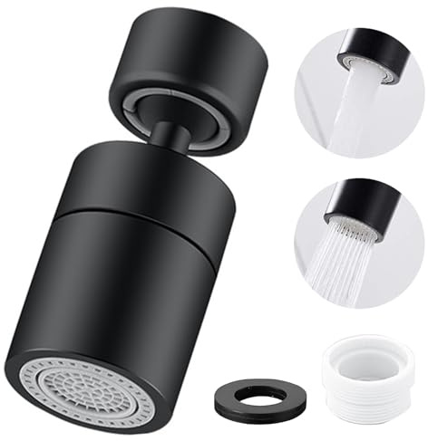 GUOYOU 360° Strahlregler Wasserhahn,Wassersparer für Wasserhahn mit Adapter | Wasserhahns Aufsatz Schwenkbar 2 Sprühfunktion für Wasserhähne mit M22-Außengewinde Oder M24-Innengewinde(Schwarz)