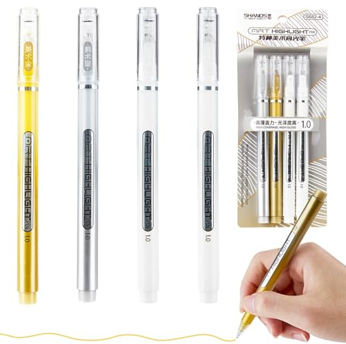 Nurila 4 Stück Gelstifte für Highlights Set, 1.0mm Gold Sliber Weißer Stift, Schnelltrocknend Weißer Gelstift, White Gel Pen für Schreiben, Zeichnen, Kritzeln, Skizzieren, Schwarzer Karton, Gelstifte
