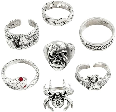 GXAHSOL 7 Stück Vintage Punk Ringe Set für Männer Frauen, Stapelbare Gothic Rings Set, Offene Knuckle Emo Ring Stapelbare Gothic Rings, Silber Schlangen, Schädel Y2K Fingerringe