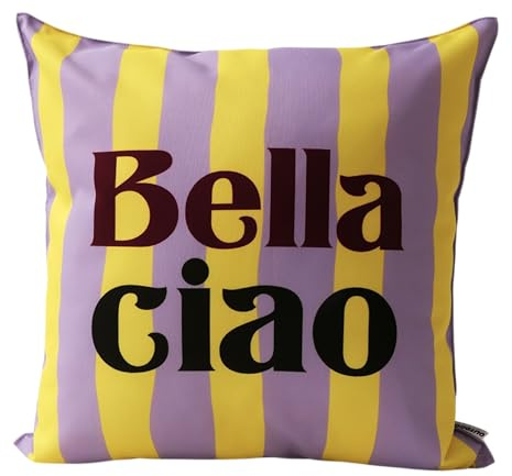 CB Home & Style Outdoorkissen Gartenkissen Wasserabweisend Wasserfest mit Streifen Hallo Sommer Bella Ciao La Dolce vita 45x45cm mit Füllung (Gelb/Lila - Bella ciao)