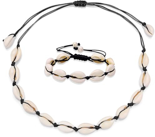 GUIZIYAO 2 Stück Muschel Halskette Armband Set, Damen Natural Shell Choker Halsketten, Boho Muschelkette, Muschel Fußkettchen, Sommer Strand Schmuck Ideal Für Sommer-Strandpartys, Schwarz