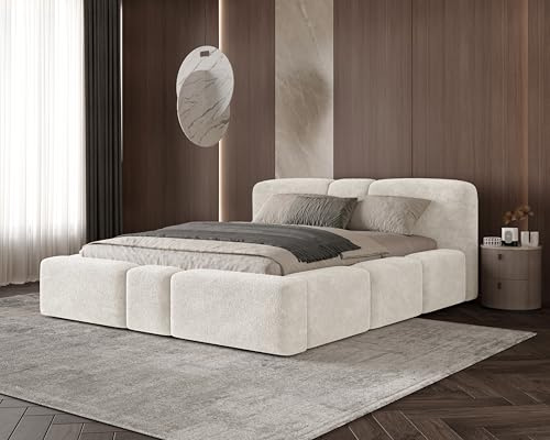 Chilly. Polsterbett Monte - Bett 140x200 cm- Bettkasten und Stauraum - Doppelbett mit Stabilem Metallrahmen - Eleganter Monte-Stoff- Beige