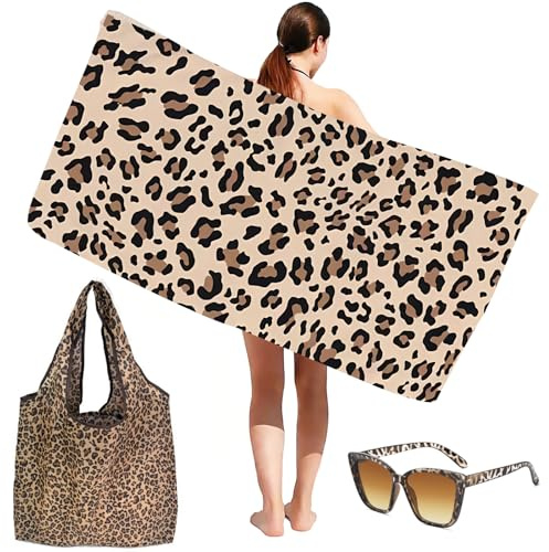 QuidToyzian Sandfreies Leopard Strandtuch, Strandtuch Mit Leopardenmuster & Sonnenbrille, Saugstark & Schnelltrocknend 3pcs (Brown Old)