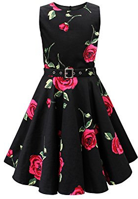 BlackButterfly Kids 'Audrey' Vintage Infinity 50's Girls Dress (Black Red Roses, 13-14 Years)