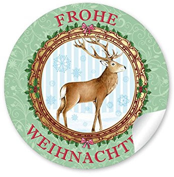 24 Weihnachtsaufkleber FROHE WEIHNACHTEN HIRSCH GRÜN NOSTALGIE VINTAGE RETRO Weihnachten • Papieraufkleber Sticker Aufkleber Etiketten • Format 4 cm rund matt