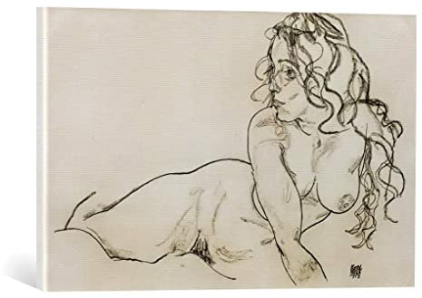 kunst für alle Leinwandbild: Egon Schiele Sich aufstützender weiblicher Akt mit langem Haar - hochwertiger Druck, Leinwand auf Keilrahmen, Bild fertig zum Aufhängen, 65x40 cm