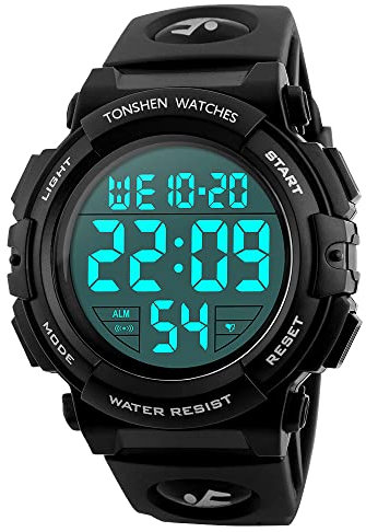Digitale Orologio Impermeabile Outdoor Sportivo Militare Tattica Quarzo Orologi da Polso Plastica Lunetta e Gomma Band Sveglia Data Calendario Cronometro LED Numero Display Uomo Donna (Grande Nero)