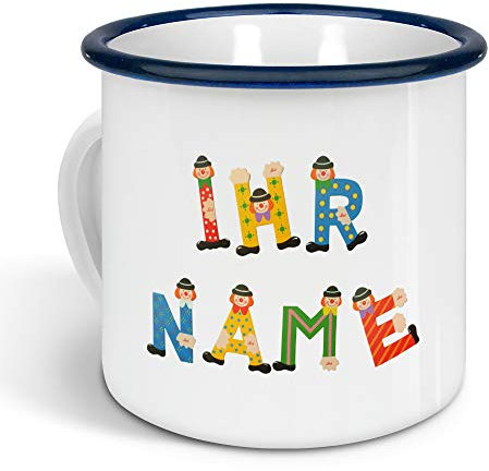 printplanet - Emaille-Tasse klein mit Namen personalisiert - Motiv Holzbuchstaben - Nostalgie-Becher, Camping-Tasse, Blechtasse, Farbe Blau, 300ml