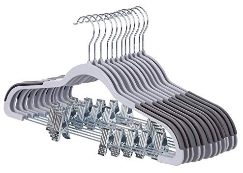 SONGMICS 12 Stück Hosenbügel, Kleiderbügel aus Kunststoff, mit Clips und um 360° drehbarem Haken, Anti-Rutsch, dünn, platzsparend, für Hosen, Röcke, Kleider, Handtücher, Grau CRP01G-12