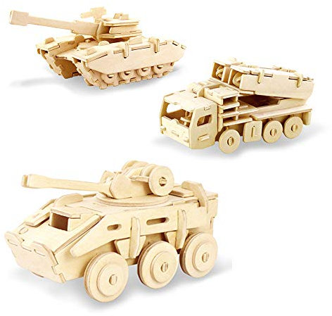 Georgie Porgy Hölzerne 3D Puzzle Sammlung Puzzle Modell Kit Baukasten Holzhandwerk Kinder Puzzle Pädagogisches Spielzeug DIY Geschenk Alter Packung 3(Tank Raketenfahrzeug Gepanzertes Fahrzeug)
