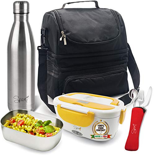 SPICE Borsa Termica Caldo e Freddo Big Size Grande capacità 22 L con Tracolla + Bottiglia Termica Acciaio Inox 750 ml Doppia Parete + Scaldavivande Amarillo Inox + Set 3 Posate in Acciao Inox