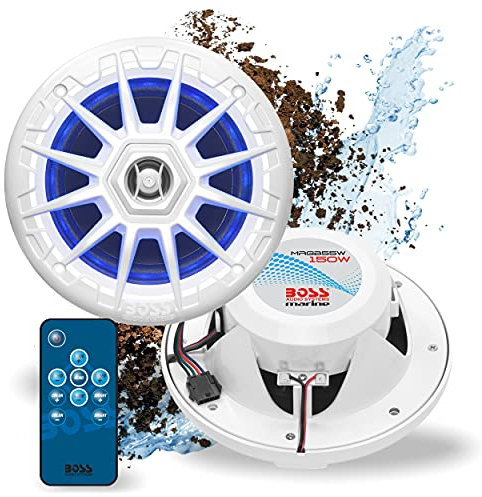 BOSS Audio Systems MRGB55W - Altoparlanti marini da 5,25, resistenti alle intemperie, 150 Watt per coppia, 75 Watt ciascuno, illuminazione multicolore, gamma completa, 2 vie, venduti in coppia
