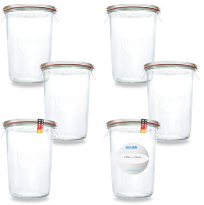 Flaschenbauer - Sturzglas Einmachglas 850ml mit Gummiringen und Klammern I verwendbar als Marmeladenglas, Vorratsglas, Konservenglas 6 Stück Inklusive Etikett - Made in Germany