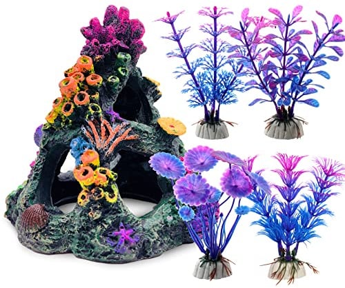 GSD Aquarium Colorful Coral Reef Set Fish Tank Decoration Mountain Ornament for Aquarium Environments Decor Accessories, Coral Mountain x 1, Aquatic Plant x 4