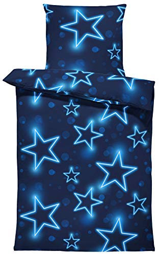 one-home Bettwäsche Mikrofaser Garnitur Bettbezug modern viele Muster mit Reißverschluss, Farbe:Sterne blau, Größe:2 teilig 135x200 cm