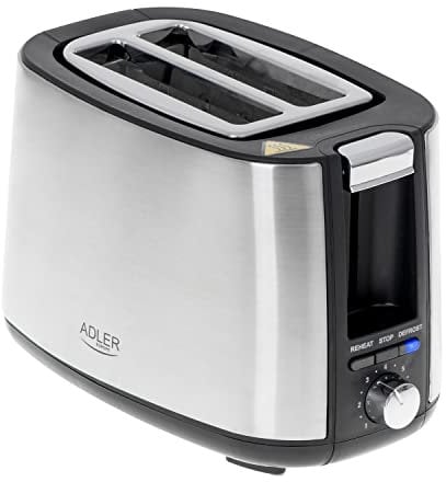 ADLER AD3214 Tostadora Pan 2 Rebanadas, 3 Funciones, Tostar, Calentar y Descongelar, Regulador de Nivel de Tostado, Calienta Panecillos o Bollería, Acero Inoxidable, 900W