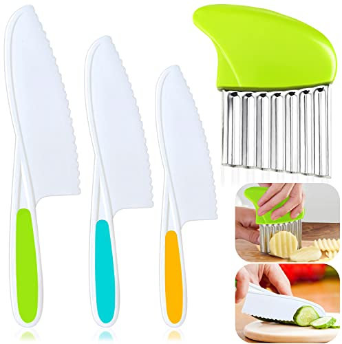 ZASTION 4 Pcs Kids Knife Set, Kids Safe Cooking Knives, Nylon Kids Kitchen Knife with Crinkle Cutter, Serrated Edges Plastic Toddler Knife Kids Knives for Real Cooking & Cutting Fruit, Bread, Lettuce