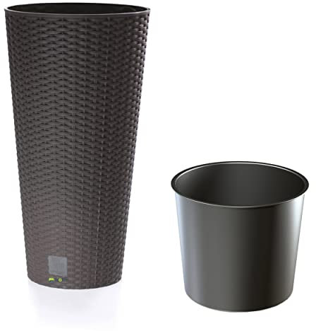 Pot de fleurs design fin Rato sur pied - 15,5 l - En plastique - Aspect rotin - Marron foncé - Hauteur : 47,6 cm - Avec insert
