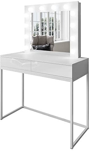 lukmebel Schminktisch Mit Spiegel LED-Beleuchtung Glänzendes & Mattes Finish Zwei Schubladen Für Schmuck Und Kosmetik Elegantes Und Minimalistisches Design 100x42x81 cm Weiß