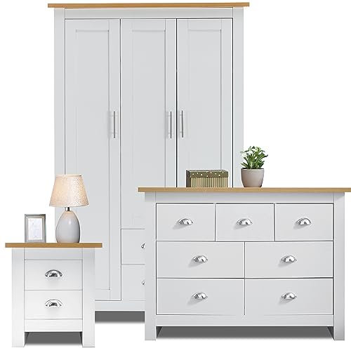 Bedroom Furniture Set with 3 Door Wardrobe & 4+3 Drawer Chest of Drawer + Bedside Table Cabinet Bedroom Set for 3 Piece Bedroom Storage furniture Set (White & Oak)