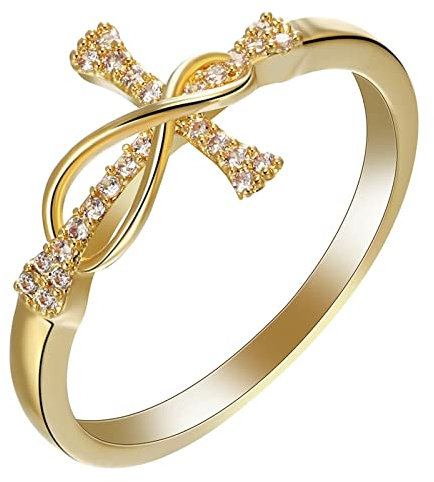 Stfery Bague Croix Femme, Bague de Promesse Meilleure Amie Taille 61.5 Plaqué Or Infini Zircon Bijoux Cadeau Anniversaire