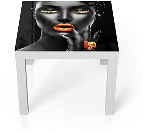 DEQORI Glastisch | weiß klein 55x55 cm | Motiv Frau mit Gold Make-Up | ausgefallener Beistelltisch aus Glas | Hochglanz Couchtisch fürs Wohnzimmer | moderner Couch Tisch mit Design