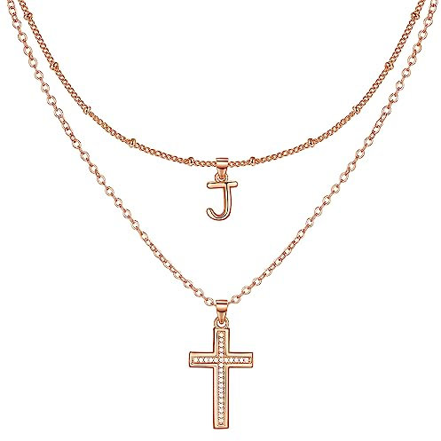 ZENI Dainty Cross Necklaces for Women, Rose Gold Plated Layered Chain Initial J Pendant Choker Necklace, Cubic Zirconia Cross Christian Faith Jewelry Communion Baptism Gifts for Girls