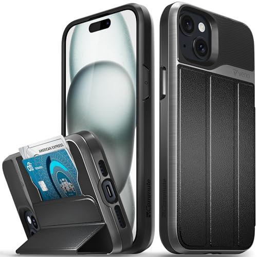 VENA vCommute for iPhone 15 Plus/iPhone 14 Plus Wallet Case, [Military Grade Drop Protection] Flip Leather Cover Card Slot Holder with Kickstand - Black
