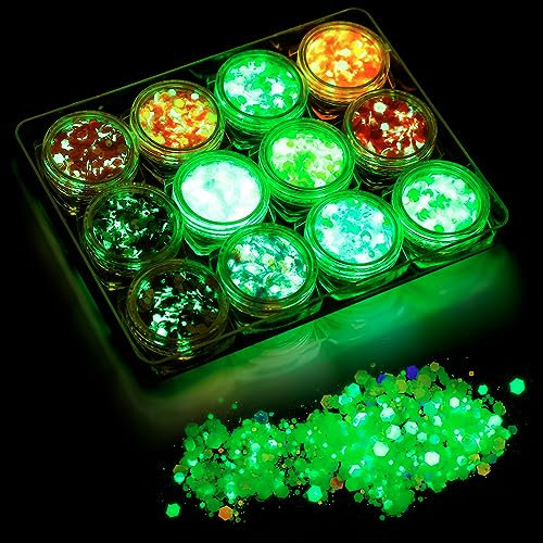 WLLHYF Glow in The Dark Body Face Glitzergel, 12 Farben Leuchtender schillernder Glitzer für Augen, Lippen, Nägel, Haare, selbstklebender, grober Glitzer, Festival-Zubehör, Rave-Karneval-Partyzubehör