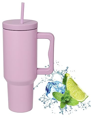 Uezeth Vaso con tapa de popote y asa, taza de viaje aislada de acero inoxidable, taza de viaje de 40 onzas/30 onzas, botella de agua, termo para café caliente y frío (rosa-3)