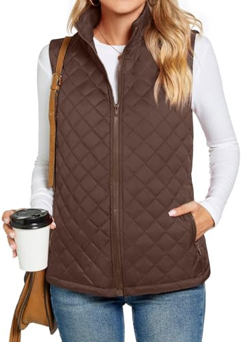 TAOHUADAO Women's Zippered Quilted Gilet With Pockets Lightweight Coat With Stand-up Collar For Ladies Coffee L