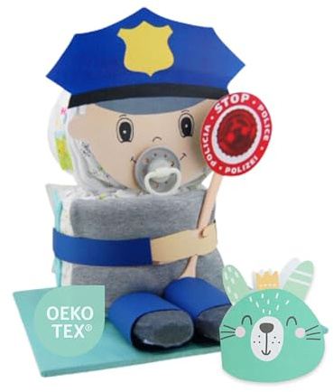 Windeltorte ® Windelpolizist Neutral [Überraschunseffekt] - Geschenk zur Geburt - Babyparty - Pullerparty - Punkelparty - Jetzt Geburtsgeschenk Torte bestellen