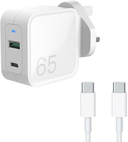 AJP Dual Port USB-C 65W GaN Tech Charger for Lenovo Chromebook Yoga N23, Chromebook Touch 14e 14w flex 11 Laptop Tablet UK Wall Plug Fast Charging White Type-C Power Adapter Cable