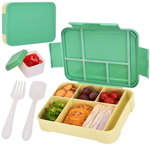 MQVXT Lunchbox für Kinder,1330MLBrotdose Kinder mit Fächern,BPA Frei Vesperdose mit 5 Fächern und 1 Saucenbox,Mikrowelle&Spülmaschinenfest Bento Box für Erwachsene oder Kinder (Grün)