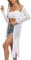 Totatuit Women Long Sheer Cardigan With Side Slits - Long Sleeve Open Front Thin Summer Lightweight Swimsuit Bikini Cover Up - White