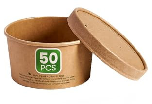 DISPOSABLE GREEN®| 8oz Kraft Container Bowl with Kraft Lids |Unique Aqueous Lining Breakthrough Technology | Certified Home Compostable | Soup, Icecream, Takeaway