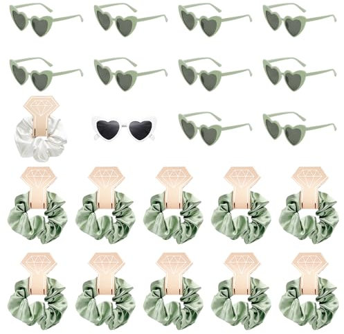 Tulov 22 Stück JGA Brille Team Braut Haargummi,JGA Accessoires Frauen,11 Herzförmige Brille + 11 Bride Haargummi,Bride Partybrille Set für Hochzeitsfeier Wedding Party (Grün)
