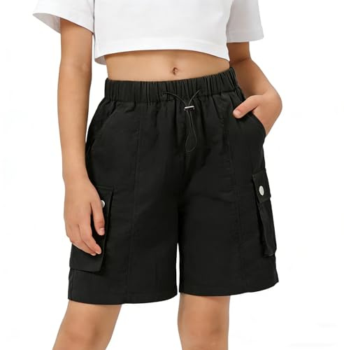 Rolanko Enfant Shorts Fille Sport Actif Èté Cargo Bermudas Shorts pour Ado Course Gym Pantalon Court Parachute, Noir, Taille: 8-9 Ans/140