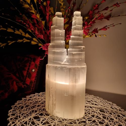 LANDSTER Selenit Kristall Tischlampe, Transparent, Kristall, Reinigung Dekoration, Wohnzimmer, Schlafzimmer, Batteriebetrieben (30 cm)