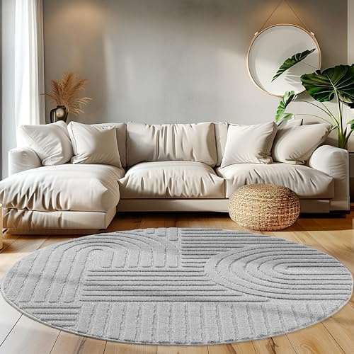 Teppich 160 cm Rund Grau Hochtief 3D Effekt - Flauschig und Extra Weich Boho Muster - Waschbar für Wohn-, Ess- und Küchenraum