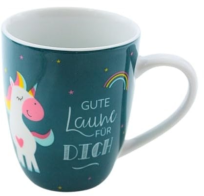 Dekohelden24 Kaffeebecher/Tasse aus Porzellan, Motiv: Einhorn, Gute Laune für Dich Größe H/Ø: 10 x 8 cm, Fassungsvermögen 250 ml, Spülmaschinengeeignet.